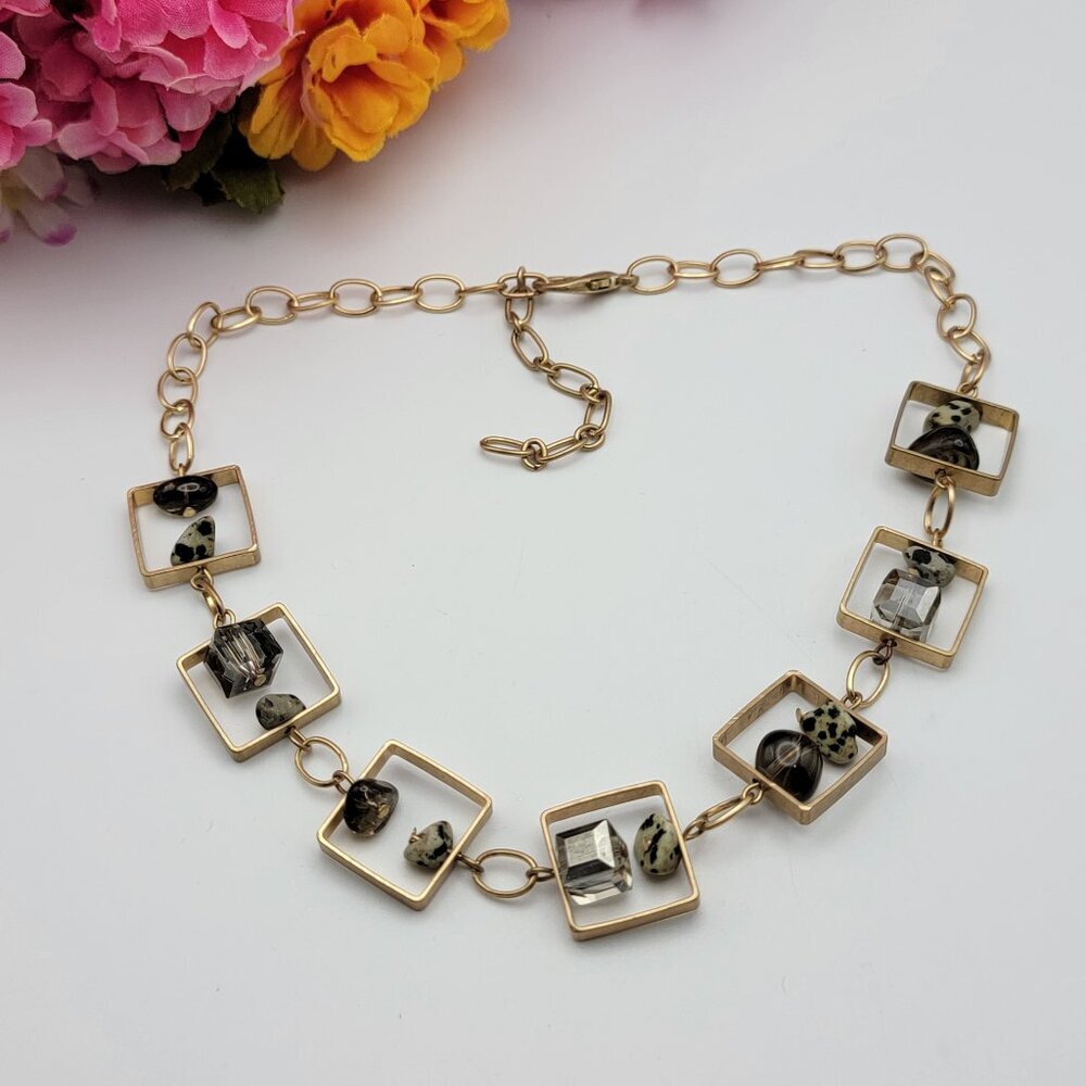 Art Deco Multi Gemstone Charm Square Frame Link Chain Necklace Gold Tone 21" Adj